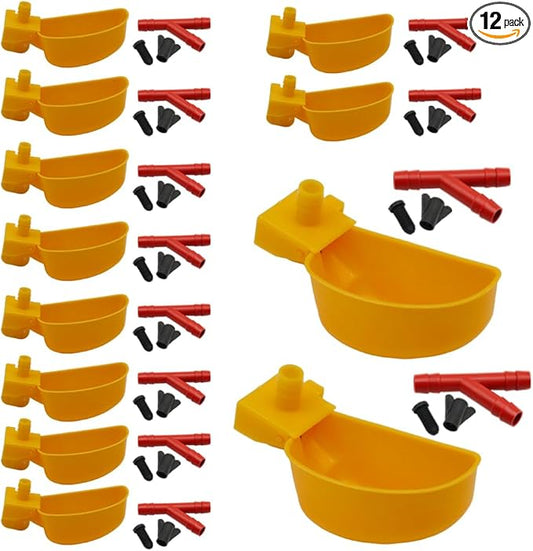 12Pcs Quail Water Cups Pigeon Automatic Bird Waterer for Cage Hang Drinker Breeding Poultry Drinking Bowls(Yellow)
