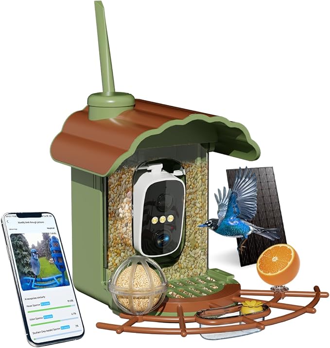 Smart Bird Feeder with Camera Solar Powered, AI Identify +1100 Birds, 2K HD Color Night Vision, Wireless Outside Video Bird House Camera, Family Sharing, Birdwatching Gifts
