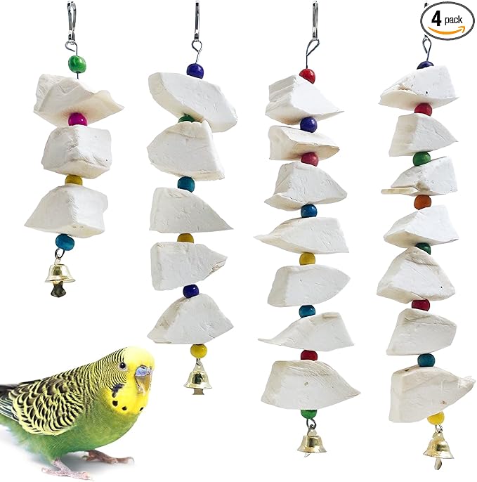 BNOSDM Bird Toys with Cuttlebone 4 Pack Hanging Cuttle Bone Chew Toys Natural Bird Beak Grinding Stone Parakeet Calcium Toys Bird Cage Accessories for Budgies Cockatiels Lovebirds Conures Parrots (7)