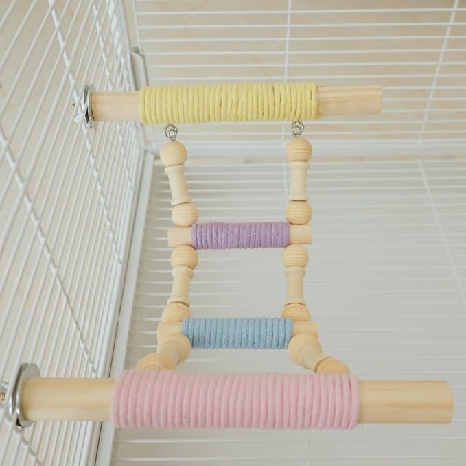 4-Step Colorful Bird Ladder Perch with Screws for Parakeets Cockatiels Lovebirds — Natural Wood & Cotton Rope Climbing Toy for Bird Cage (Screw-Mounted)