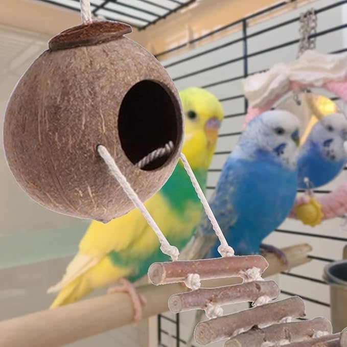 Ladder Nest, Natural Coconut Bird House, Natural Coconut Fiber Shell Bird Nest for Parrot Parakeet Lovebird Finch Canary