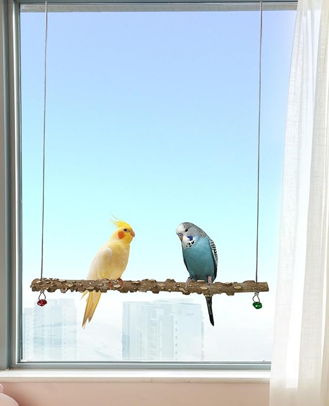 FlidRunest Bird Parrot Swing Toy, Natural Pepper Wood Bird Perch Stand, Hanging Bird Window Ceiling Swing Perch for Parrot Parakeet Conure Cockatiel Small Birds