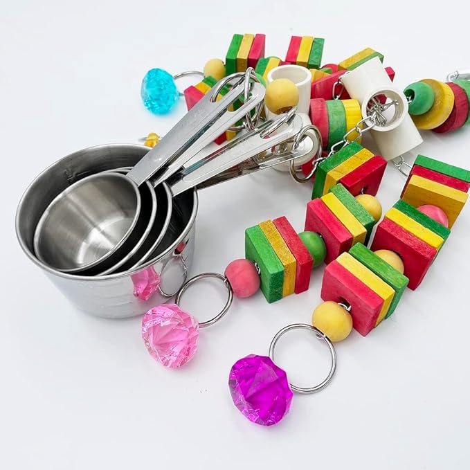 Large Parrot Toy, Multicolored Natural Wooden Strings and Stainless Steel Cups Bird Chewing Toys for Medium and Large Parrot Macaws African Grey Cockatoos Eclectus