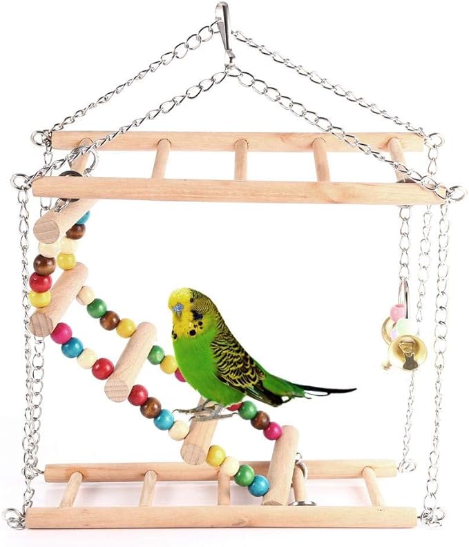 ZJchao Wooden Bird Ladder Toy for Parrots & Medium Birds – Hanging Climbing Bridge with Double-Layer Steps, Swing Design, Compatible with Most Standard Cages