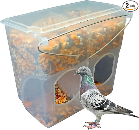 Automatic Pigeon Bird Feeder Water, Plastic Feeder Water Dispenser Drinkers for Cage, No Mess Hanging Parrot Food Feeding, Cage Accessories for Parakeet Quail Bird Chicken (2 Hole - Iron Wire)