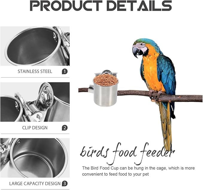 POPETPOP 2 Pcs Bird Parrot Feeding Double Cups with Clip - Stainless Steel Bird Bowls for Cage, Food Feeder Cups Hanging Bowl for Cage Stand Accessories