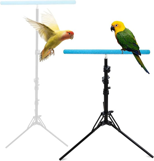 Wooden Bird Perch Stand with a Height Adjustable Tripod, Bird Training Accessories for Indoor or Outdoor, Birds Stand for African Grey, Budgies, Cockatiels, Lovebirds, Conures, Small to Medium Birds