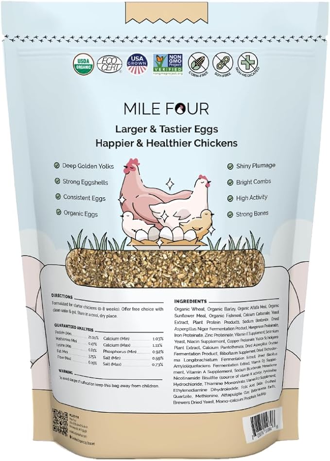Mile Four Organic Chicken Feed – Starter Chick Mash, Non-GMO, USA Grown, 21% Protein, Corn-Free, Soy-Free, Non-Medicated Chick Feed, 2 lb Sample
