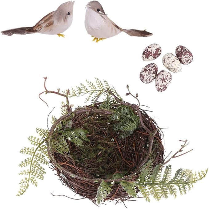Artificial Bird Nest with Eggs Birds Faux Natural Rattan Twig Bird Nest House Ornament Photo Props for Decoration