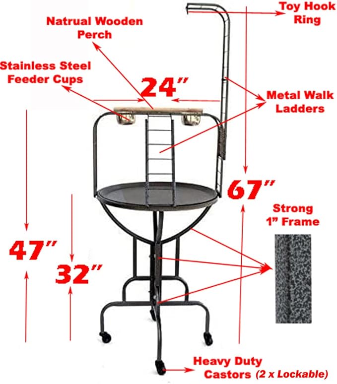 Large Elegant and Durable Parrot Bird Play Gym Ground Wrought Iron Rolling Stand Removable Metal Tray With Climbing Metal Ladder Toy Hook