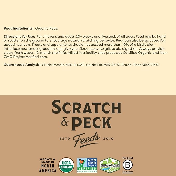 Scratch and Peck Whole Peas Chicken, Duck and Livestock Supplemental Grain - 10 lbs Bag - 20% Protein, Certified Organic and Non-GMO Project Verified Chicken Food