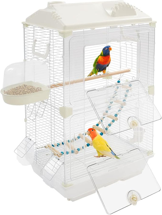 2-Door Wrought Iron Bird Cage Parakeet Cage with Roof & Handles, 28" H Parrot Cage Pet Birds Flight Cage, Interactive Birdcages Bird House Travel Cages for 1-3 Birds (Transparent)