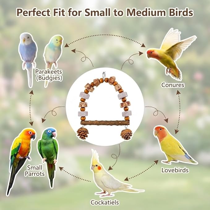 Natural Wood Bird Swing Toy for Parakeets Cockatiels, Parrot Hanging Perch with Chewing Pine Cones & Beak Grinding Pumice Stone, Bird Cage Accessories for Conure Lovebirds Budgies - Boredom Relief