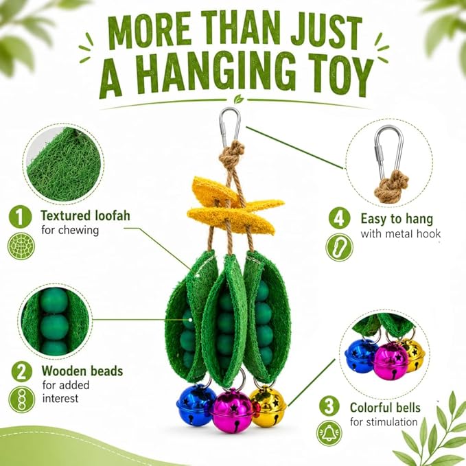 Loofah Bird Toy for Parakeets, Triple Pea Pod Hanging Bird Chew Toy with Wooden Beads & Colorful Bells, Bird Cage Accessories for Budgies, Cockatiels, Lovebirds, Conures