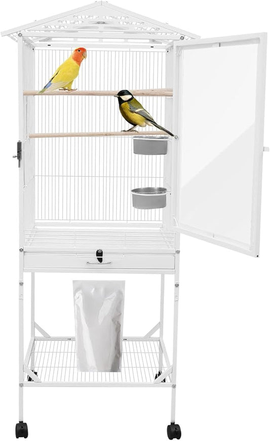 53.5 Inch Large Bird Cage Parakeet Cage with Wheels and Play Open Top Iron Bird Flight Cages for Parrot Lovebirds Finches Canaries Parakeets Cockatiels Budgie Parrotlet Conures (White, Type A)