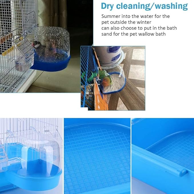 Bird Bath Box Bird Cage Accessory Supplies Bathing Parakeet Caged Bird Bathing Tub with Water Injector for Pet Small Birds Canary Budgies Parrot Parakeet Finch Canary Cockatiel Parrot Lovebird (Blue)