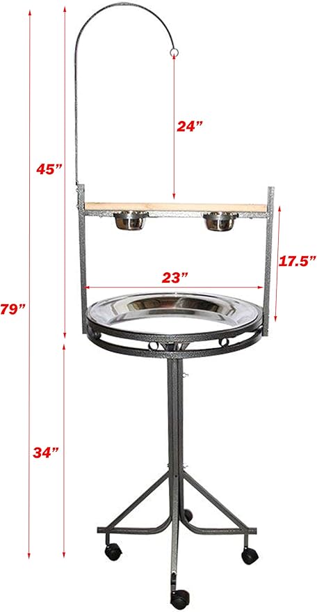 72" Large Elegant and Sturdy Wrought Iron Hangout Bird Play Stand Play Ground with Easy Removable NO Rust Stainless Steel Pan with Metal Toy Hook On Wheels