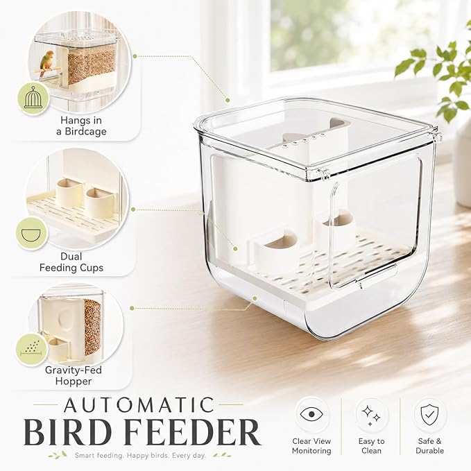 No Mess Automatic Bird Feeder, Transparent Seed Food Container for Bird Cage, Multifunctional Parrot Feeder for Budgies Lovebirds Cockatiels Canaries (1 Pack)