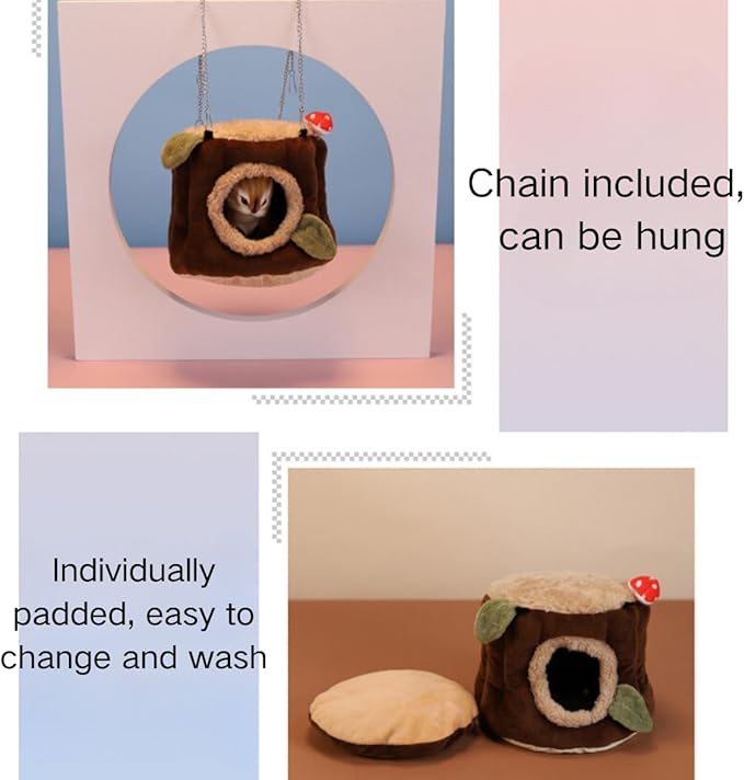 Warm Winter Bird Nest with Removable Cushion, Stump Style Bird House, Soft and Washable Hanging Bed Hammock for Parrot, African Grey,Chinchilla,Ferret, Bunny,Small Animal Houses & Habitats (Small)