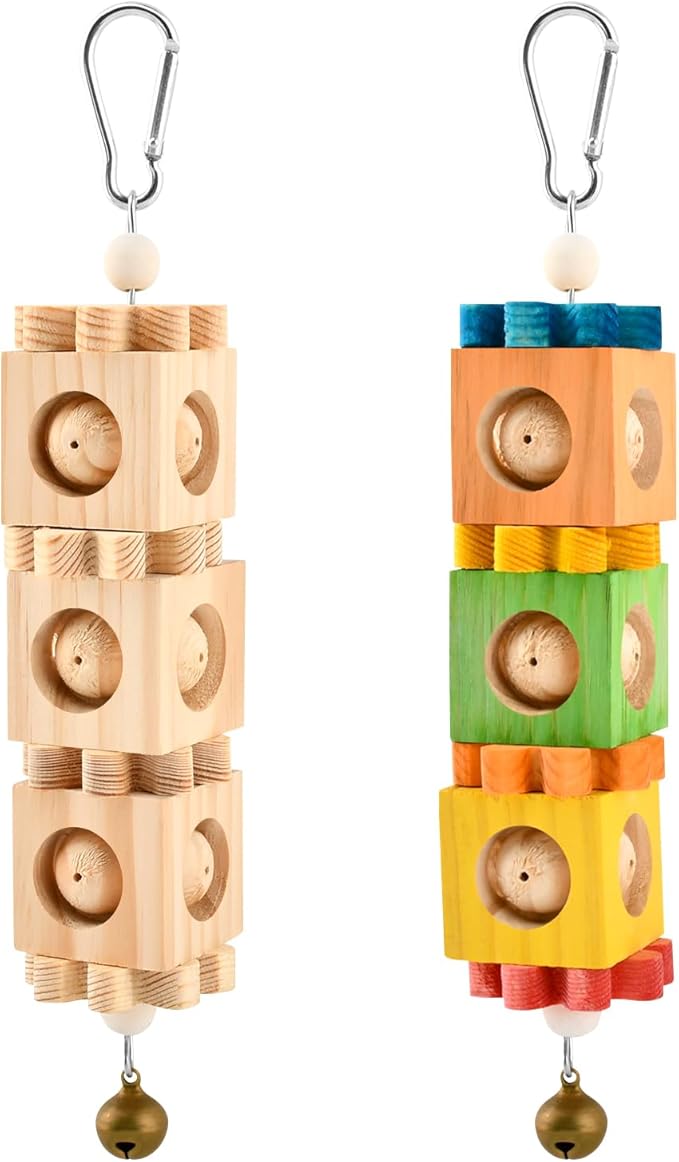 2Pcs Bird Chew Toys for Beak Grinding, Hanging Rotating Wood Block with Bell, Birds Cage Chewing Playing Training Toy for Cockatoos, Macaws, African Grey, Conures, Lovebirds(Wood)