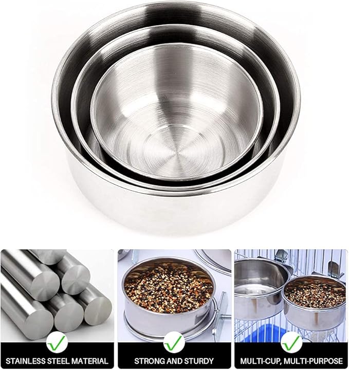 3PCS Stainless Steel Bird Feeder for Cage Parakeets, 3 Different Size, Bird Feeding Dish, Parrot Feeding Cups, Animal Cage Water Food Bowl