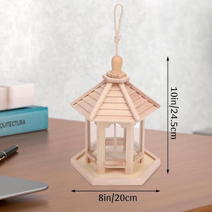 Bird Feeder for Outdoor, 24.5×20×20cm Wooden Hanging Birdfeeder Building Kits Birds Nests Ornaments Feeder Food Container with Hang Rope