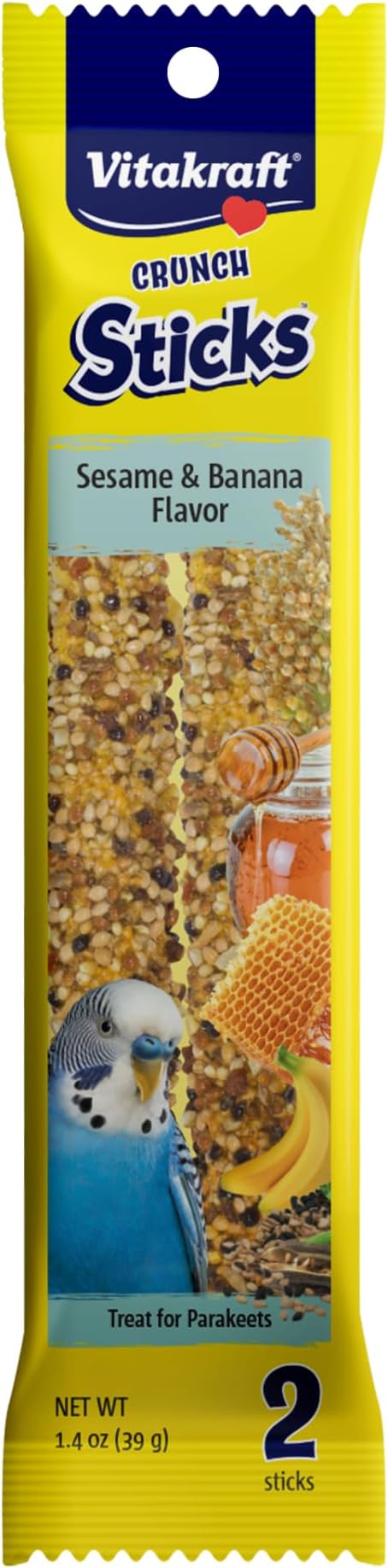 Vitakraft Crunch Sticks Parakeet Treat – 2 Sticks – Sesame and Banana Flavor - Triple Baked with Natural Wood Chew Center - Added Vitamins and Minerals with Cage Clip Holder