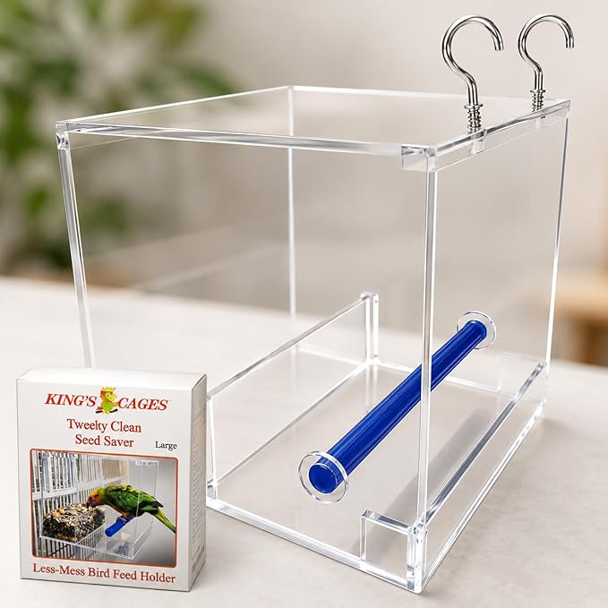 Bonka Bird Toys Large Tweeky Clean Bird Seed Feeder, 7.87" H x 7.75" W x 7.87" D, Durable Plastic with Textured Perch, Ideal for Medium to Large Bird Breeds, Indoor/Outdoor Cage Use