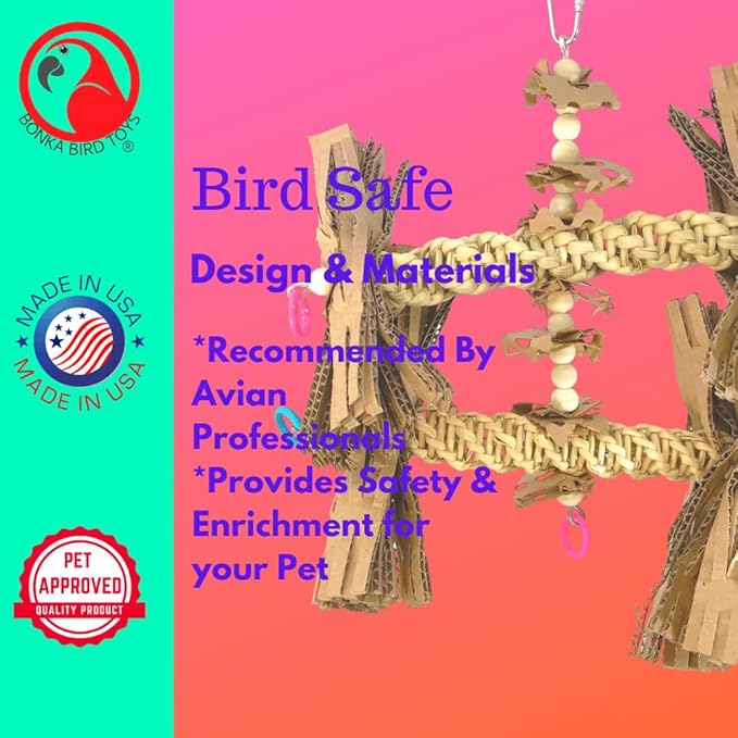 Bonka Bird Toys 1557 Duo Natural Helix Bird Toy 12" with Vine Wood and Natural Fibers 8.5" W for Small to Medium Parrots Budgie Cockatiel Conure Chewing Foraging Cage Toy