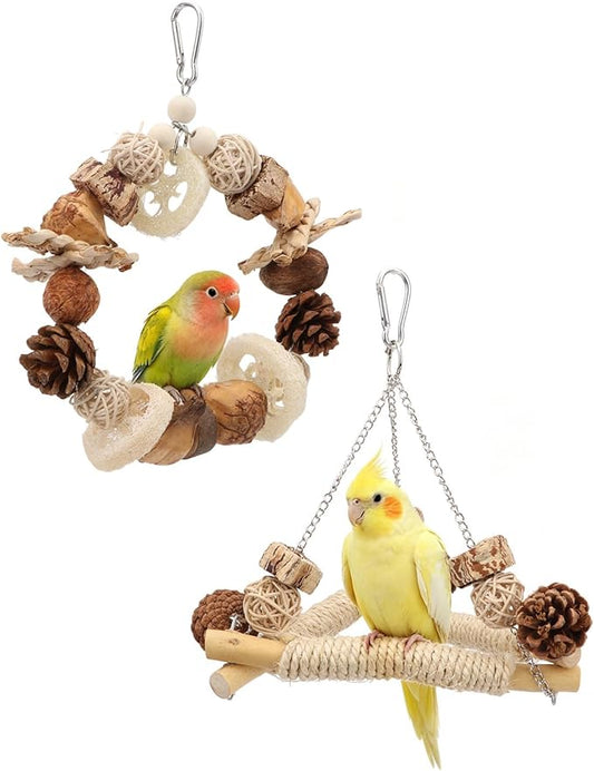 Hypeety Bird Swing for Cage Sisal-Wrapped Natural Wooden Perch Bird Foraging Round Swing Toys Parrot Stable Triangle Hanging Balance Training Toys for Lovebirds Cockatiels Budgies and Small Birds