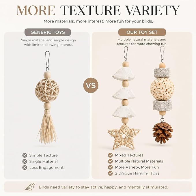 2 Pack Natural Bird Toys for Small Birds, Cuttlebone & Sola Chew Toy Set with Pumice Stone, Pine Cone and Rattan Star, Hanging Cage Accessories for Cockatiels, Budgies, Lovebirds and Conures