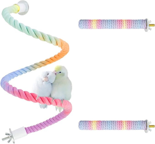 WishLotus Parrot Rope Perch, 31 in Rope Perches for Bird Cages with 2 Small Stand Pole, Flexible Fade Color Perch Rope Swing for Paw Grinding Standing Climbing (A, 31 in+6.6 in)