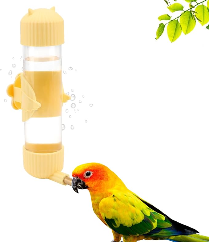 Wontee Bird Water Dispenser Parrot Waterer Automatic Bird Water Feeder for Medium Birds Cockatiel Conure Caique (Yellow (6.8oz))