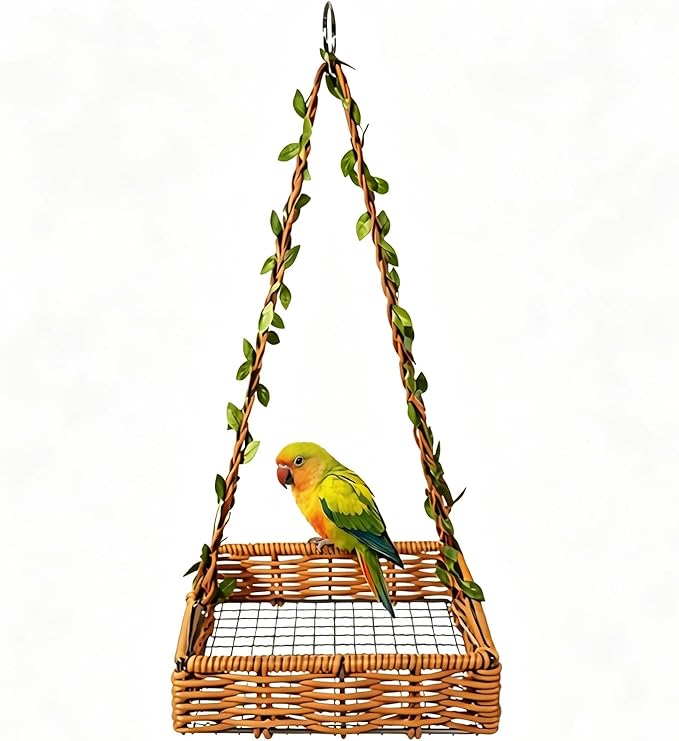 Hanging Rattan Bird Nest for Cage, Bird-Safe Vine Swing Perch with Leaves, Washable Chew-Proof Hammock Nest for Lovebird Cockatiel Budgie Conure, Cage Decoration & Rest Toy for Small Birds (Square)