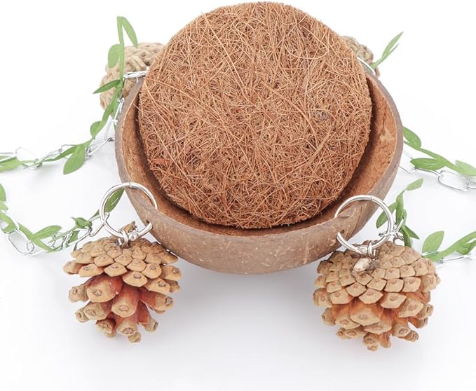 Bird Natural Coconut Nest Sugar Glider Hanging Swing Toy with Coconut Fiber Mat for Small Bird Parrot Parakeet Sugar Glider