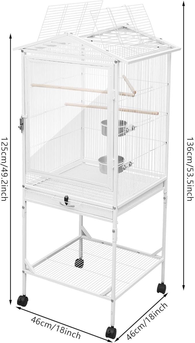 Xuthusman 53.5 Inch Bird Cage with Wheels,Rolling Bird Cage for Parrots with Open Top, Pull-Out Tray Storage Shelf Heavy-Duty Pet Bird House for Cockatiel Parakeet Finch Lovebird