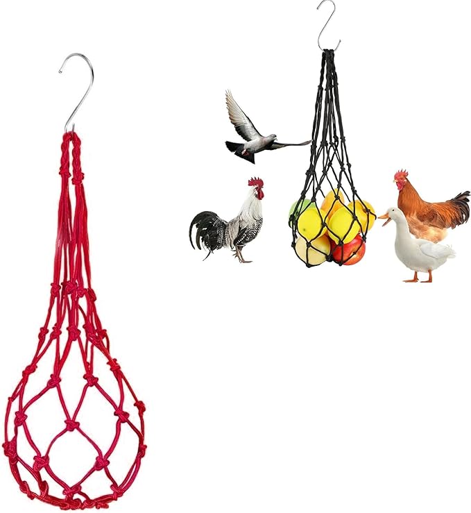 Chicken Vegetable Hanging Feeder, Chicken Vegetable String Bag, Poultry Fruit Holder Chicken Cabbage Feeder Treat Feeding Tool with S Hook for Hens Chicken Coop Toy for Hen Duck Accessories