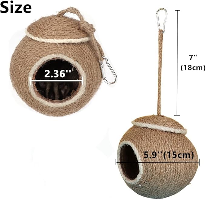 Sugar Glider House Natural Coconut Shell Hemp Rope Hut Hide Out Nest for Sugar Glider Hamster Squirrel Bird Parakeet,Cage Habitats Decor, Bird Cage Toy (Metal Hook)