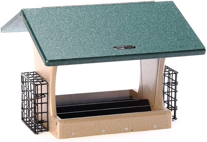 Birds Choice SN300-S Two-Sided Hopper Feeder, Recycled Bird Feeder w/ Two Suet Cages, Large, Taupe/Green