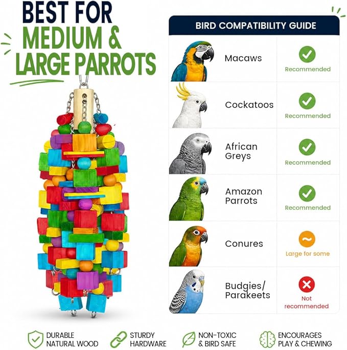 Large Bird Toy, 20 in XL Parrot Toys Natural Wood Blocks Bird Chew Toy for Foraging, Stainless Steel Chain Hanging Cage Toy for Macaws, Cockatoos, African Greys and Large Parrots-1.65 lb