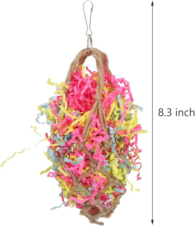 Wontee Bird Jute Paper Strips Parrot Mesh Bag Hanging Chewing Toy for Parakeet Cockatiel Conure Cockatoo African Grey Macaw