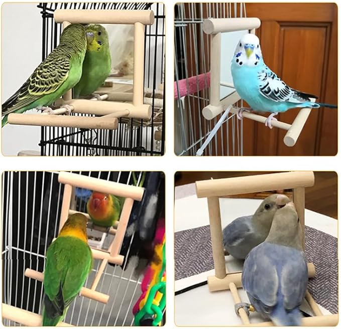 2Pcs Bird Mirror Parakeet Mirror Perch Stand Wooden Swing Mirror Toy Cage Accessories for Parrots Budgies Parakeets Cockatiels Lovebirds Finches