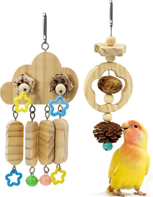 2 Pack All Natural Bird Chew Toys, Sun Conure Beak Grinding Toys, Parakeet Toys with Bells for Cage Small Medium Bird, Chewing Parrot Toys for Quaker, Budige and Cockatiel