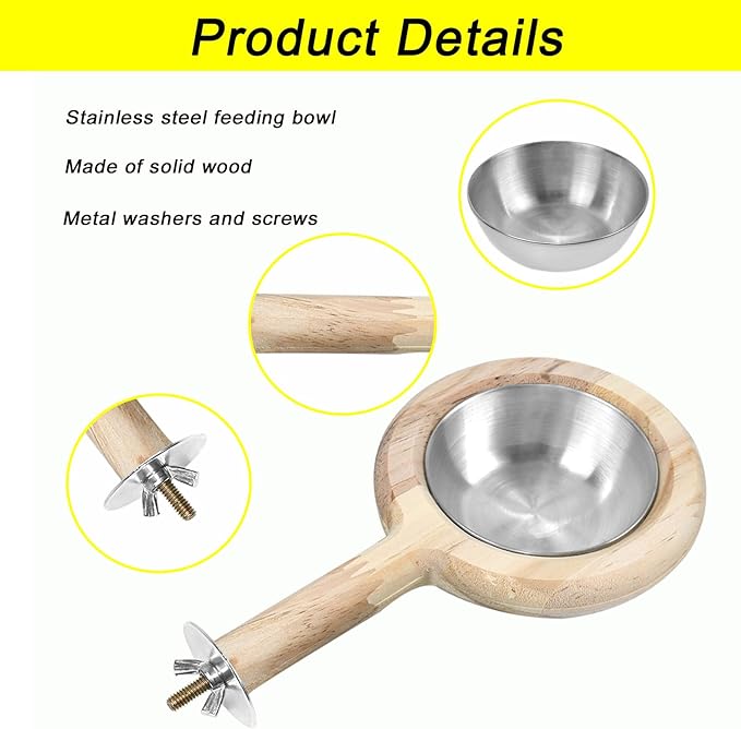 ASOCEA 2 Pack Bird Perch Feeding Cup, Bowls for Cage Wooden Perch Stand Hanging Bowls for Bird Cage Accessory Parrot Wood Perch Stand Toy for Parakeet Lovebird Cockatiel Budgie