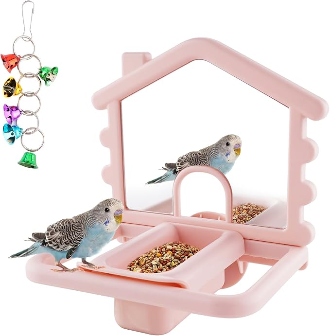 3 in 1 Bird Mirror with Perch Stand,Parrot Mirror for Cage,Bird Swing Toys for Cockatiels,Lovebirds,Conures,Parakeets-Helps Birds Release Stress (Pink)