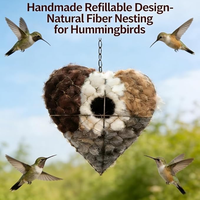 Handmade Fiber Bird Nesting Heart, Hanging Bird Nest Material Holder, Refillable Birds Haven, Alpaca Fiber Birds Material House for Outside Home Garden Yard Patio, Winter Fowl Gift (1PC)