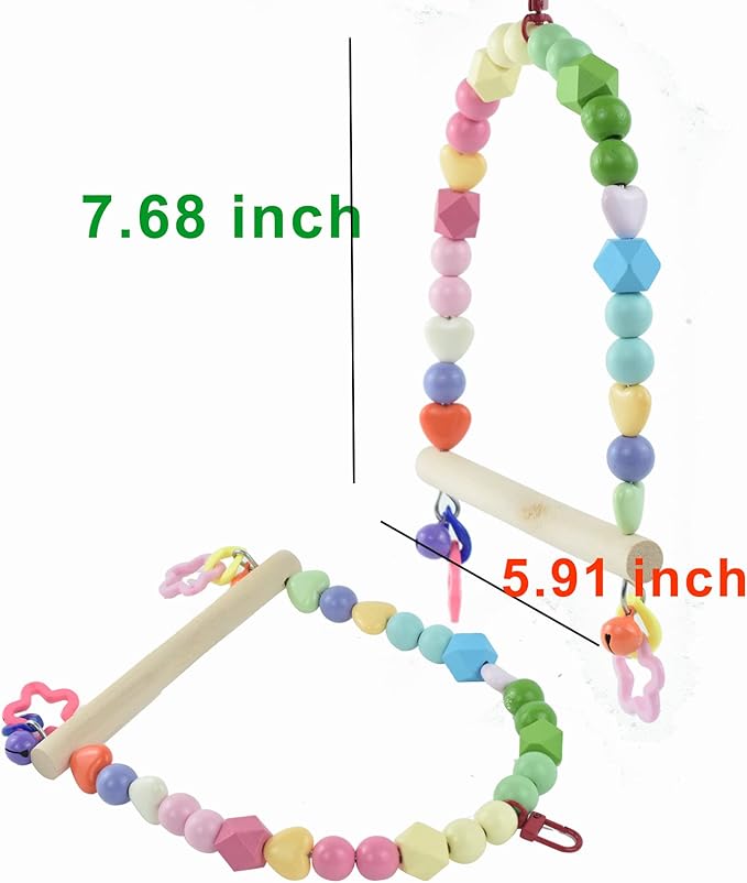 Wooden Bird Swing for Cockatiels Parrot Perch Hanging Toys Parakeets Birdcage Stands Cage Playground Play Gyms Accessories Colorful Bead Bell Climbing Toy for Lovebirds Conures Budgies