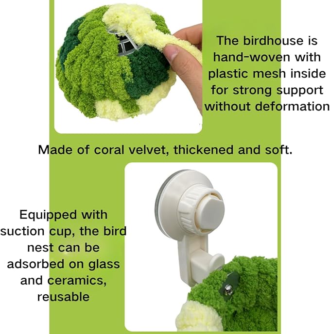 2 in 1 Bird Nest with Removable Suction Cup, Vehicle-Mounted Bird Nest for Travel, Bird Plush Nest for Birdcage, Coral Velvet Warm Nest for Parrot Budgie Lovebird Conure Quaker (Large,Green)