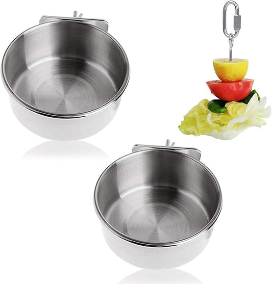 2 Pack Bird Food Bowl with 1 Fruit Skewer Holder, Stainless Steel Parrot Feeder with Clamp for cage,Stainless Steel Bowls for Cats and Dog, Bird Cage Food Water Bowls