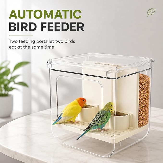 No Mess Automatic Bird Feeder, Transparent Seed Food Container for Bird Cage, Multifunctional Parrot Feeder for Budgies Lovebirds Cockatiels Canaries (1 Pack)